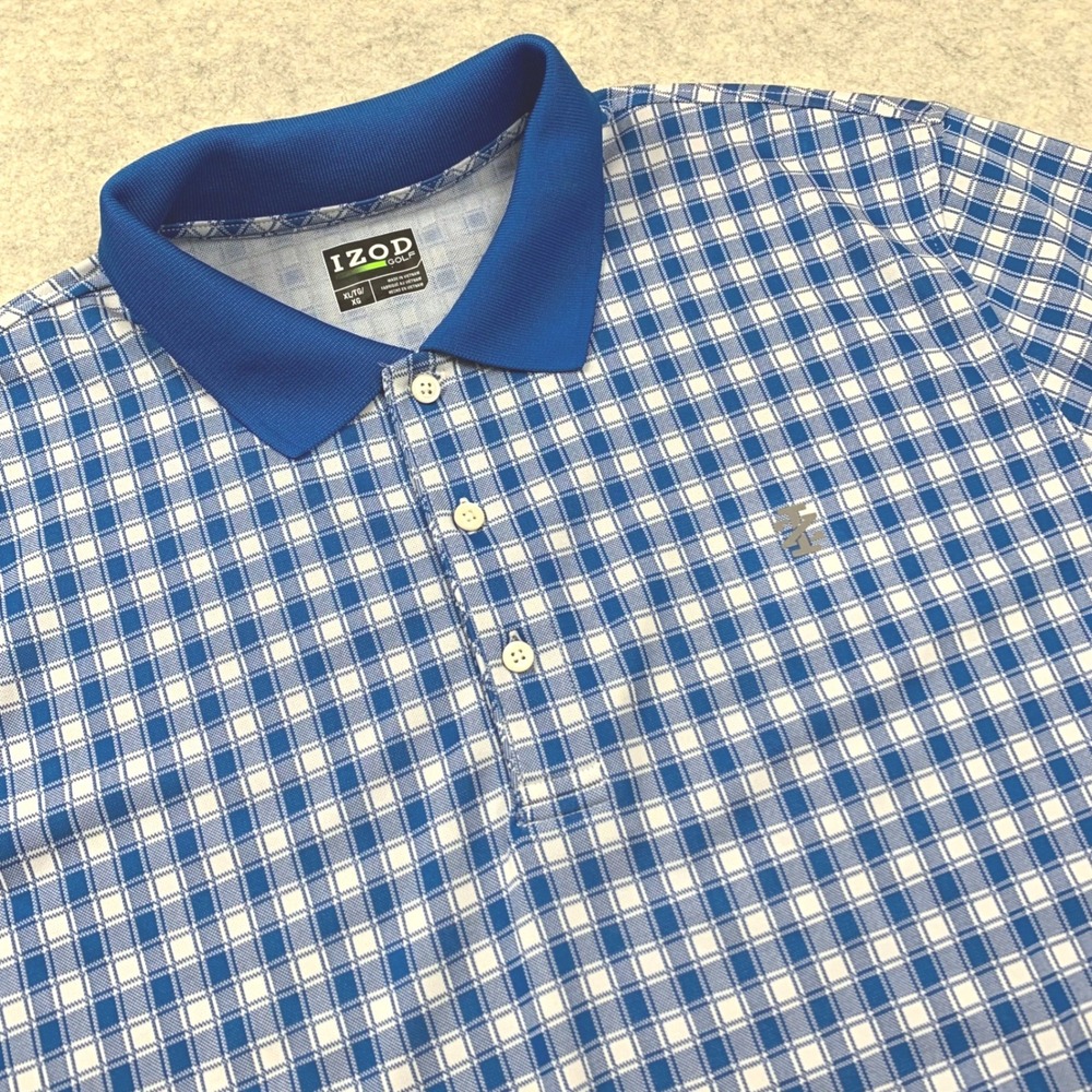 IZOD Golf Polo Shirt Mens XL Blue Gingham Check Performance Short Sleeve‎